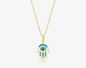 14k Solid Gold Hamsa Hand Necklace | Real Gold Evil Eye Necklace | Hand of Fatima Necklace | Yellow, Rose or White Gold Pendant Necklace