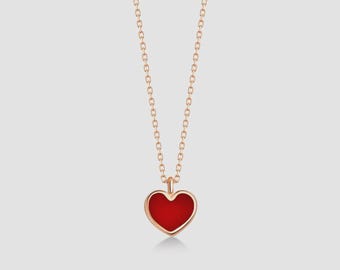 14k Solid Gold Red Heart Pendant Necklace - Love Gift
