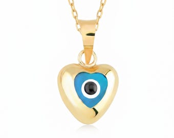 14k Gold Heart Evil Eye Necklace: Good Luck Charm