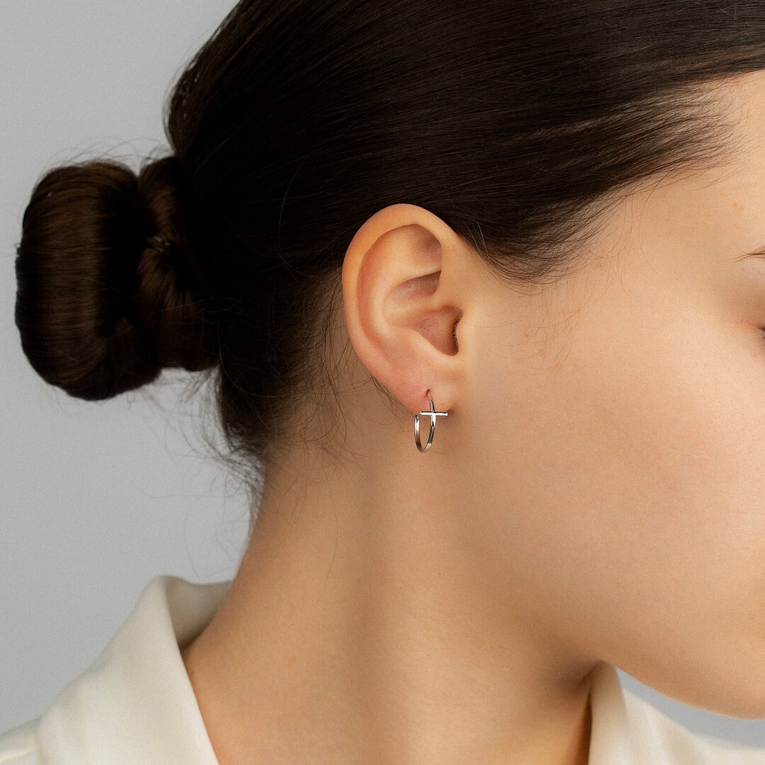 14K Solid Gold Cross Huggie Earrings 14K Real Gold Huggie Hoop Earrings