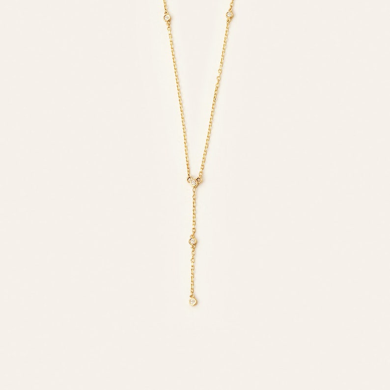 14K Solid Gold Diamond Lariat Necklace Diamond Station Y-Necklace Diamond by the Yard Necklace 14K Real Gold Jewelry Gift for Her image 4