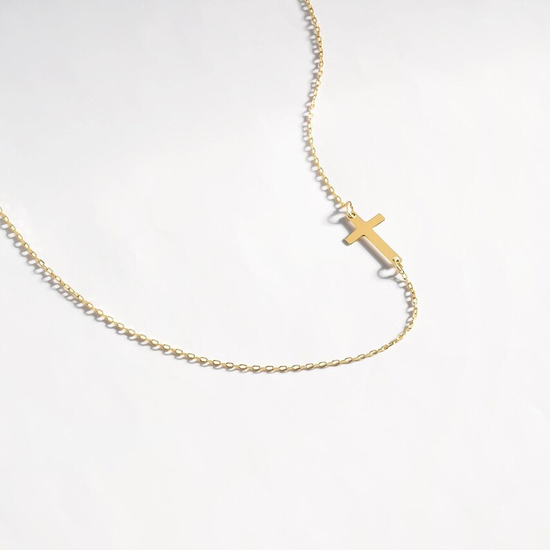 Sideway Cross Necklace in 14 Solid Gold for Women - Horizontal Cross Necklace - Real Gold Religious Jewelry for Christian - Gift for Her image 6