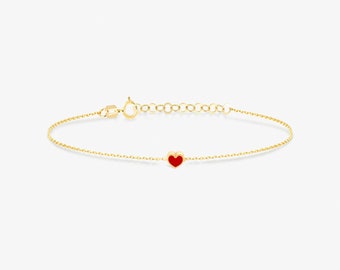 14K Solid Gold Red Heart Bracelet in Yellow, Rose, White | Love Heart Charm with Adjustable Chain | 14K Real Gold Jewelry | Gift for Women