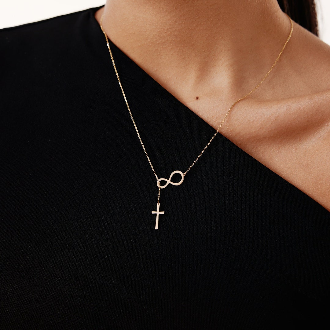 14K Solid Gold Infinity Cross Necklace 14K Real Gold Infinity Crucifix