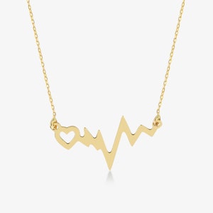 14k Solid Gold Heartbeat Pendant Necklace for Women - 14k Gold EKG Necklace  - 14k Solid Gold Heart Necklace