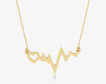 14k Solid Gold Heartbeat Pendant Necklace for Women - 14k Gold EKG Necklace  - 14k Solid Gold Heart Necklace