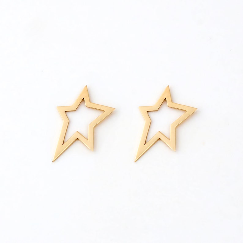 Asymmetric Star Stud Earrings in 14K Solid Gold Tiny Open Star Earrings for Women 14k Yellow Gold Stud Earrings Starburst Earrings image 3