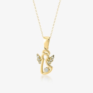 14K Gold Guardian Angel Necklace: Religious Charm Pendant