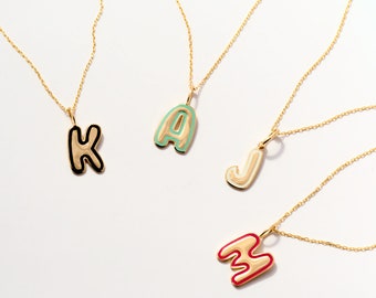 14K Solid Gold Enamel Initial Necklace: Custom Bubble Letter Pendant