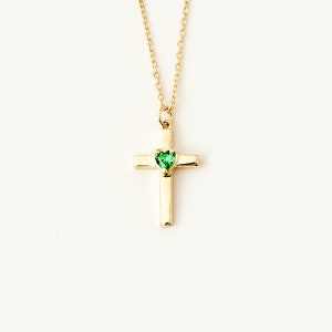 14k Solid Gold Birthstone Cross Necklace