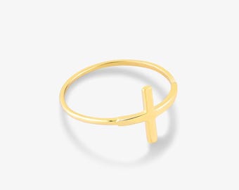 10K 14K Solid Gold Sideways Cross Ring for Women | Real Gold Crucifix Ring | Classic Cross Jewelry | Valentine's Day Gift