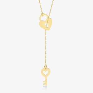 14K Solid Gold Heart Key Lariat Necklace - Dainty Celestial Jewelry