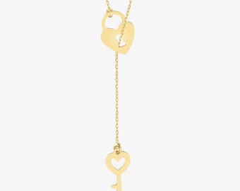 14K Solid Gold Heart Key Y Necklace for Women | Lock Lariat Necklace | Dainty Gold Celestial Necklace | 14k Real Gold Jewelry | Gift for Her