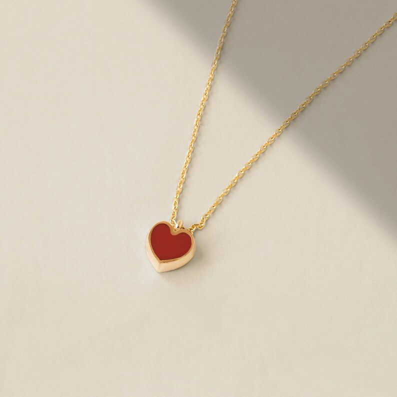 14k Solid Gold Red Heart Necklace |  14k Gold Love Pendant Necklace | 14k Solid Yellow or White Gold Necklace | Gift for Her 