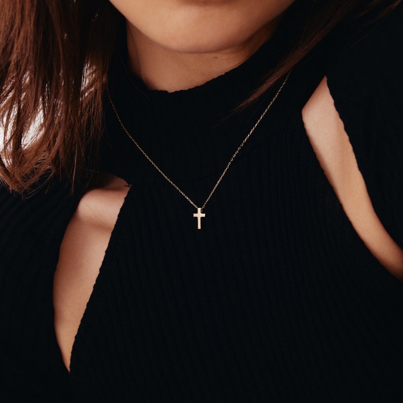 14K Solid Gold Small Cross Necklace Protection Necklace for Women Tiny Cross Necklace 14K Real Gold Christian Jewelry Baptism Gift image 4