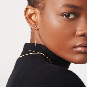 14k Gold Solitaire Threader Earrings Drop Chain Earrings Bezel Solitaire Earrings 14k Solid Yellow or White Gold Earrings for Women image 4