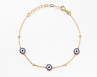 14K Solid Gold Diamond Evil Eye Bracelet