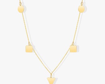Geometric Shapes Station Necklace in 14k Solid Gold for Women - Gold Station Charm Necklace - Minimalist Everyday Necklace - Gift for Her