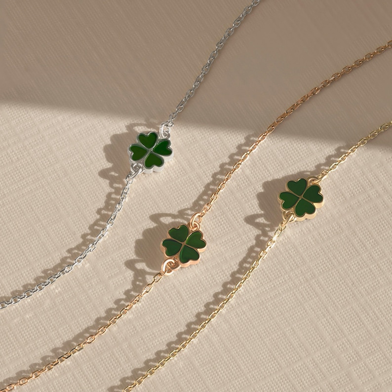 14k Solid Gold Four Leaf Clover Bracelet - Green Good Luck Charm - Colorful Lucky Flower Bracelet - 14k Real Gold Bracelets for Women image 6