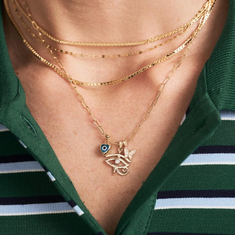 14K Solid Gold Eye of Horus Charm: Cubic Zirconia Good Luck Pendant afbeelding 2