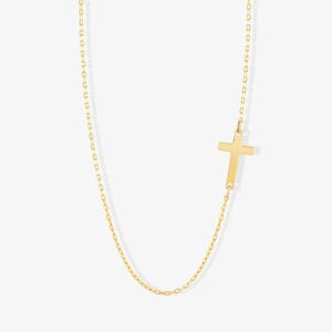Sideway Cross Necklace in 14 Solid Gold for Women - Horizontal Cross Necklace - Real Gold Religious Jewelry for Christian - Gift for Her image 1