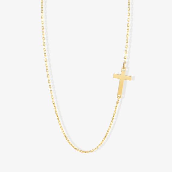 Sideway Cross Necklace in 14 Solid Gold for Women - Horizontal Cross Necklace - Real Gold Religious Jewelry for Christian - Gift for Her