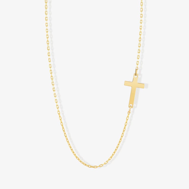 Sideway Cross Necklace in 14 Solid Gold for Women - Horizontal Cross Necklace - Real Gold Religious Jewelry for Christian - Gift for Her image 1