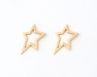 Asymmetric Star Stud Earrings in 14K Solid Gold | Tiny Open Star Earrings for Women | 14k Yellow Gold Stud Earrings | Starburst Earrings