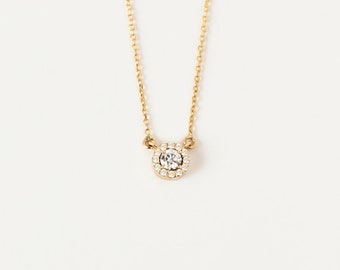 Moissanite Diamond Halo Necklace: 14K Gold Floating Pendant