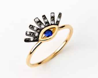Diamond Evil Eye Ring in 14K Solid Gold | Sapphire Evil Eye Ring | 14k Yellow Gold Evil Eye Rings for Women | Stackable Evil Eye Rings