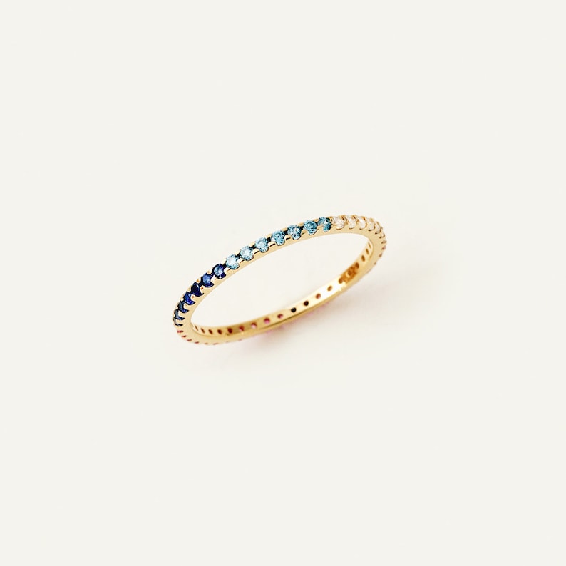 14K Solid Gold Rainbow Eternity Ring Eternity Band Ring for Women Rainbow Stone Stackable Ring 14K Real Gold Jewelry Gift for Her image 4