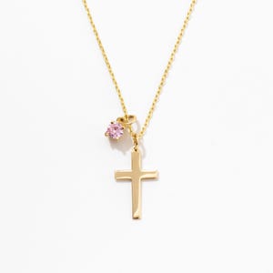 Solid Gold Cross Birthstone Necklace: 14K Gold Cable Chain
