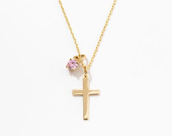 Solid Gold Cross Birthstone Necklace: 14K Gold Cable Chain
