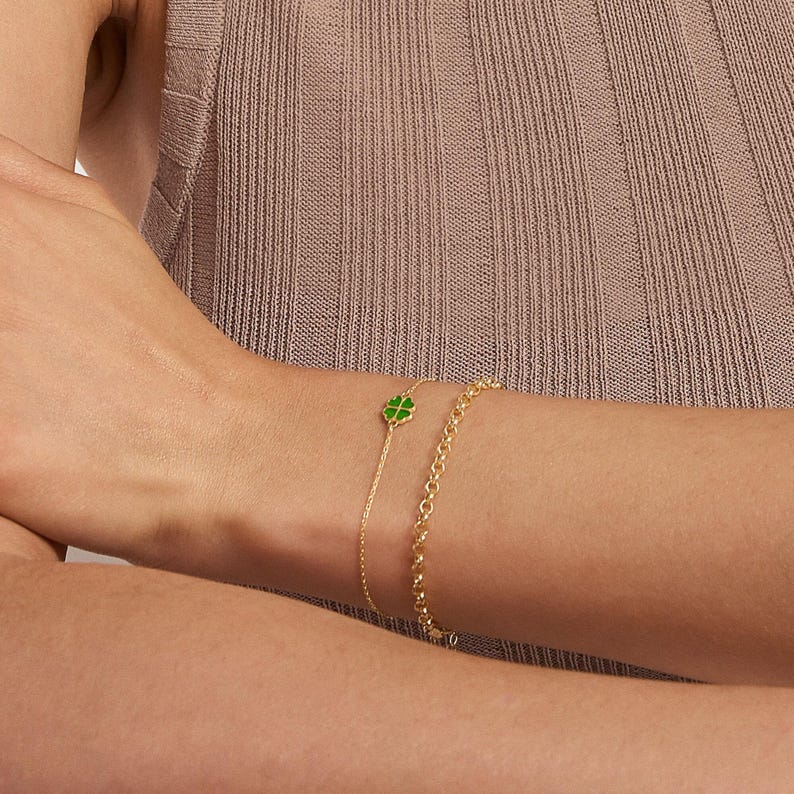 14k Solid Gold Four Leaf Clover Bracelet - Green Good Luck Charm - Colorful Lucky Flower Bracelet - 14k Real Gold Bracelets for Women image 2
