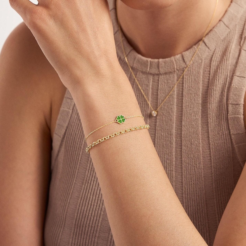 14k Solid Gold Four Leaf Clover Bracelet - Green Good Luck Charm - Colorful Lucky Flower Bracelet - 14k Real Gold Bracelets for Women image 3