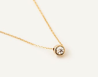 14K Solid Gold Diamond Solitaire Bezel Pendant Necklace