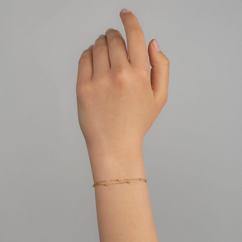 Station Bracelet: Double Strand 14K Solid Gold (Dainty Chain) image 4