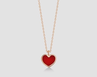 14k Solid Gold Red Heart Pendant Necklace - Love Gift