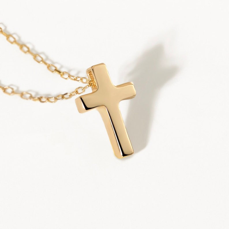 14K Solid Gold Small Cross Necklace Protection Necklace for Women Tiny Cross Necklace 14K Real Gold Christian Jewelry Baptism Gift image 1