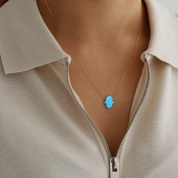 14K Solid Gold Opal Hamsa Hand Necklace Hand of Fatima Evil Eye