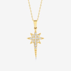 14k Massiv Gold Nordstern Anhänger Halskette in 585 Massiv Gold - Stern und Mond Schmuck für Frauen - Kleine Stern Halskette - Himmlische Halskette