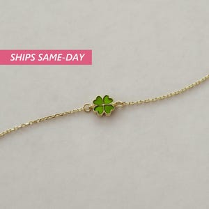 14k Solid Gold Four Leaf Clover Bracelet - Green Good Luck Charm - Colorful Lucky Flower Bracelet - 14k Real Gold Bracelets for Women image 5
