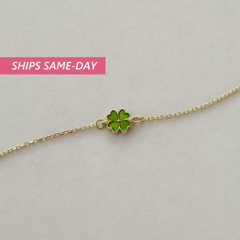 14k Solid Gold Four Leaf Clover Bracelet - Green Good Luck Charm - Colorful Lucky Flower Bracelet - 14k Real Gold Bracelets for Women image 5