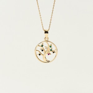 14K Solid Gold Tree of Life Necklace: Personalized Birthstone and Family Necklace