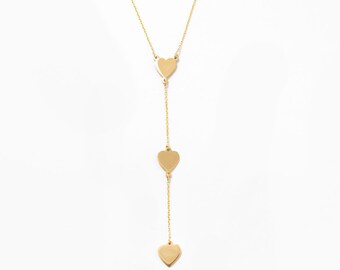Heart Y-Necklace in 14k Solid Gold / Christmast Gift / Delicate Three Heart Necklace / Y-Necklaces for Women / 14k Gold Layering Necklace