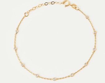14k Gold Diamond Station Bracelet: Dainty Bezel Set, 0.09ctw