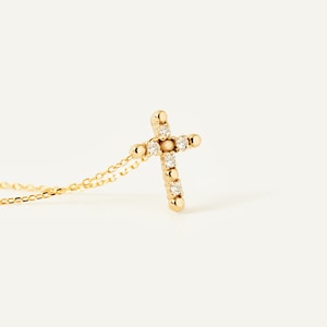 14K Solid Gold Diamond Cross Pendant Necklace | 14K Gold Beaded Cross Necklace for Women | 14K Real Gold Christian Jewelry | Baptism Gift