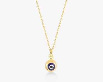 14k Solid Gold Evil Eye Necklace | 14k Gold Nazar Charm Pendant | 14k Solid Yellow Gold Evil Eye Necklace