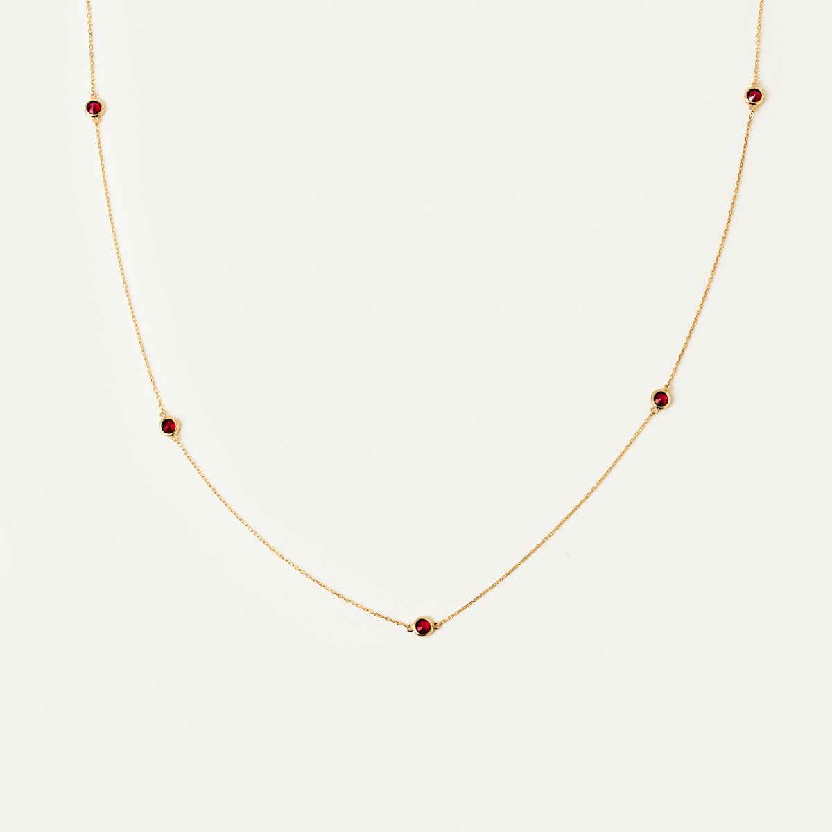 Ruby Station Necklace in 14K Solid Gold | Dainty July Birthstone Yard Necklace for Women | 14K Real Gold Ruby Necklace | Birthday Gifts