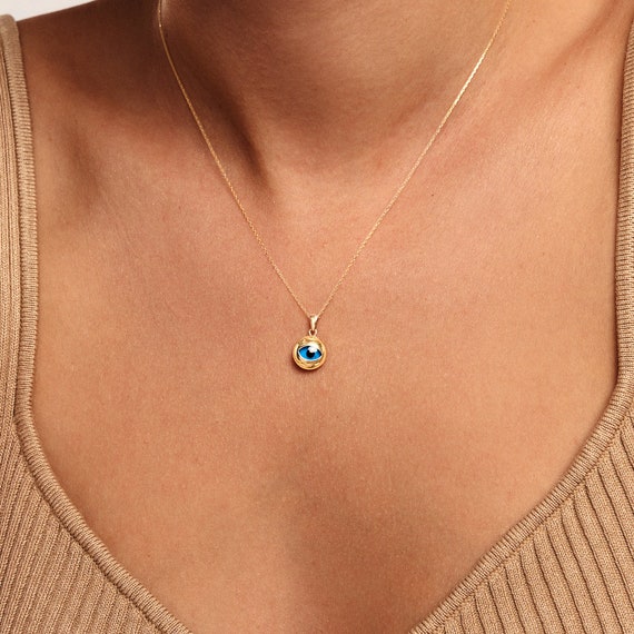 14k Solid Gold Evil Eye Halskette 14k Gold rund Evil Eye Anhanger Zierliche 14k Gold Schutz Halskette Boses Auge Schmuck Geschenk fur Frauen Etsy